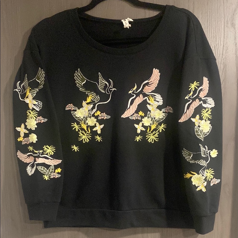 Cable & Gauge Black Sweater with Floral and Bird Embroidery